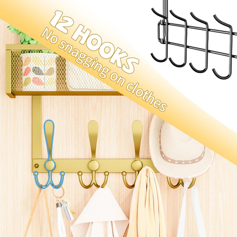 Kaiferty Over The Door Hooks Organizer,Over Door Hanger Towel Rack Mesh Basket with 12 Hooks,Back of Door Storage Organizer for Bedroom,Bathroom,Kitchen,Office(Gold) - Image 4